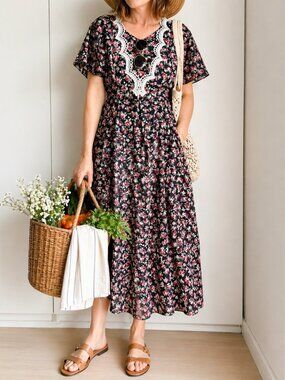 Vintage 90s Floral Print Midi Dress Cottage core Boho Size 6 Scott McClintock